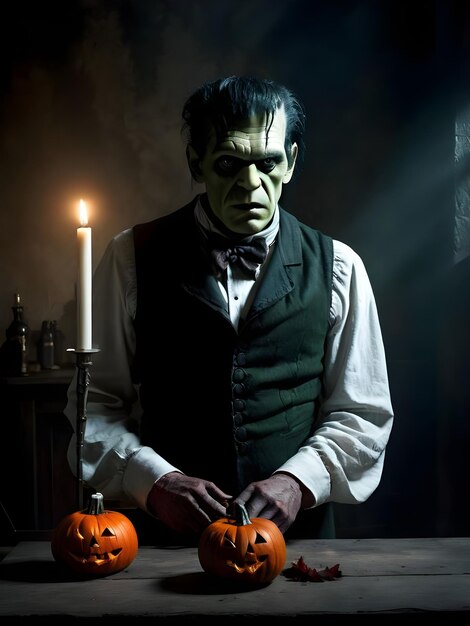 Foto ritratto di un uomo spaventoso di victor frankenstein su uno sfondo scuro halloween