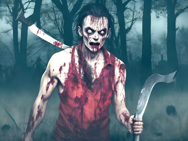 Photo portrait of a scary zombie with an axe halloween horror film