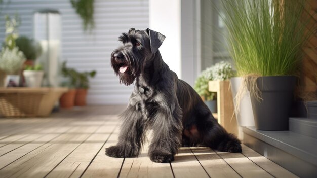 Portrait of a Schnauzer dog in an apartment home interior love and care maintenance