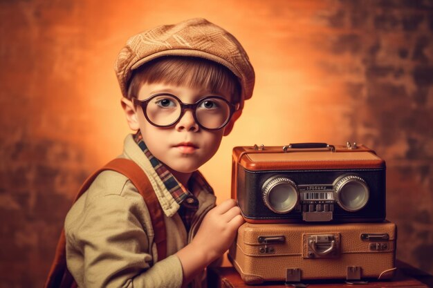 Portrait of schoolboy at the desk in retro style Education concept Back to school Generative AI