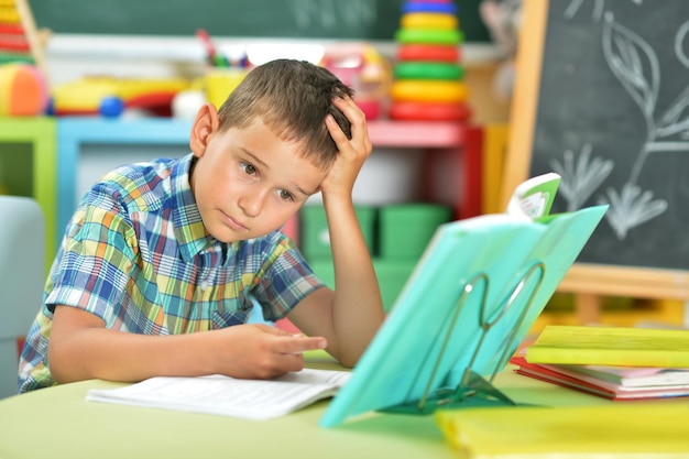 Portrait of schoolboy doing homework in classroom