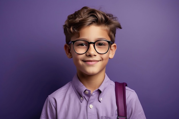 Портрет школьника в очках с рюкзаком, смотрящего в камеру на фиолетовом фоне