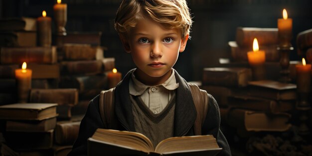 Portrait of a schoolboy in the library School and learning theme Generative AI