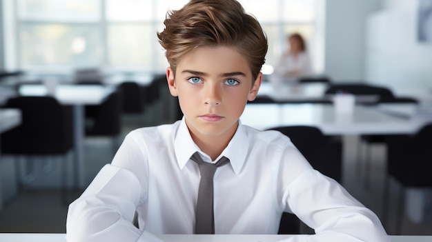 Photo portrait of a schoolboy sitting at a desk in the classroom