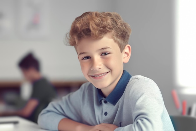 portrait of a schoolboy sitting at a school desk on the white wall background generative AI