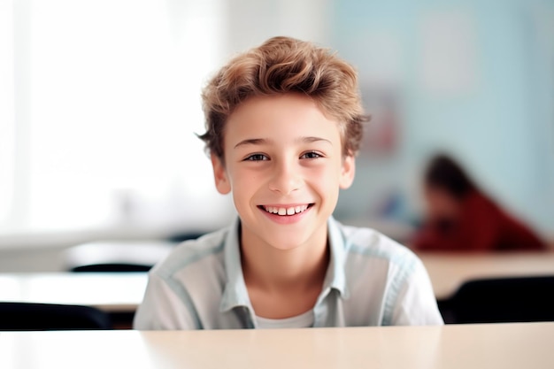 portrait of a schoolboy sitting at a school desk on the white wall background generative AI