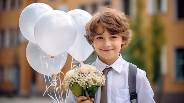 Portrait of a schoolboy with a bouquet of flowers and balloons