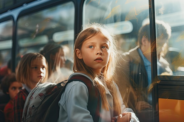 Portrait of schoolgirl looking at camera while standing by bus Children or schoolchildren on a blurred background of the bus AI Generated