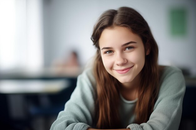 portrait of a schoolgirl sitting at a desk at school generative AI
