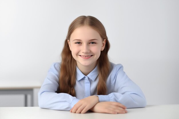 portrait of a schoolgirl sitting at a school desk on the white wall background generative AI