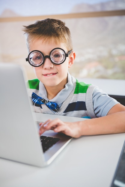 Portrait of schoolkid using laptop in classroom