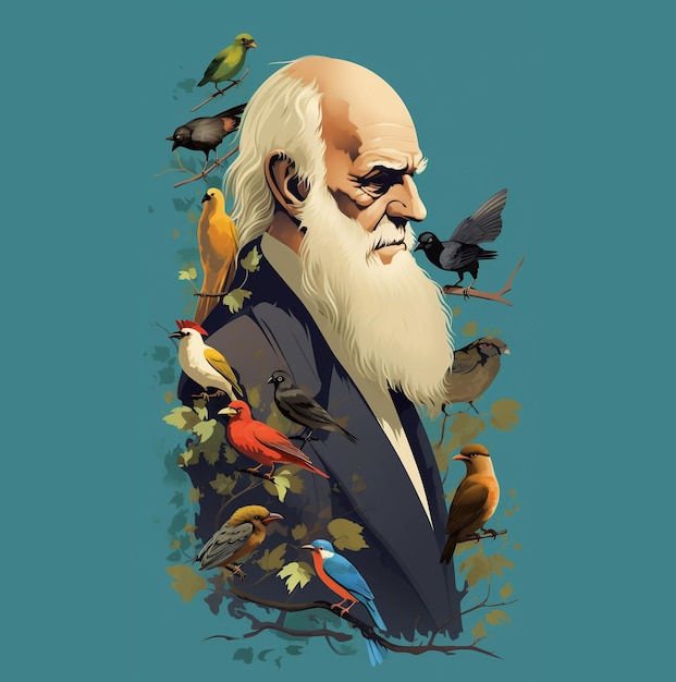 Foto ritratto dello scienziato charles darwin con animali ai generati