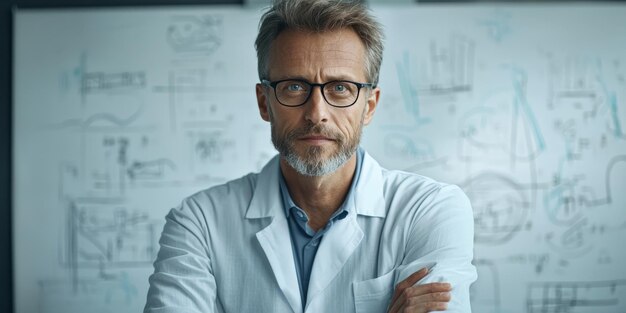 portrait of a scientist presenting research findings to colleagues confident and articulate lab background with whiteboards filled with formulas