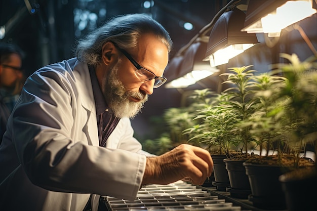 Portrait of scientist with mask glasses and gloves Checking analysing and results with Tablet to patient medical marijuana cannabis flowers in a greenhouse Generated with AI