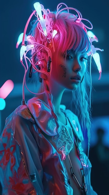 미래의 공상과학 사이버펑크 소녀 하이테크 미래 여성의 초상화