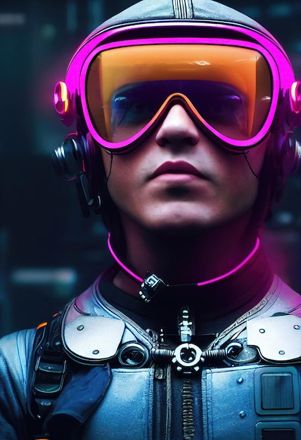 Портрет фантастического киберпанка, высокотехнологичного футуристического человека из будущего