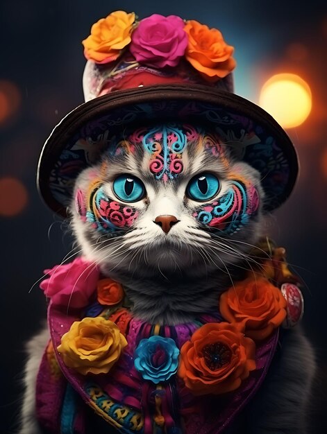 Portrait of scottish fold cat in a day of the dead costume with vibrant pet festive costume photo