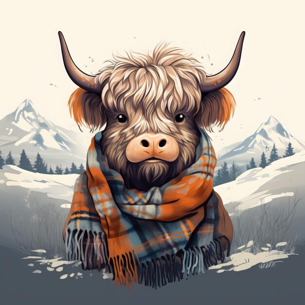 Photo portrait of a scottish highland cow with scarf