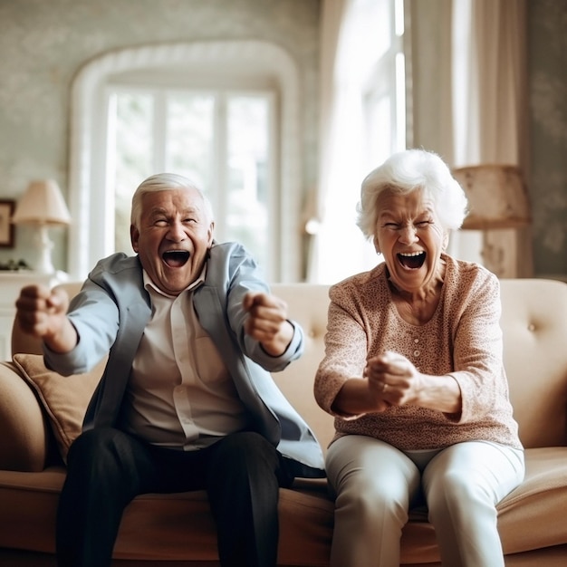 Portrait scream or excited senior couple friends or old people winning celebrate watch retirement