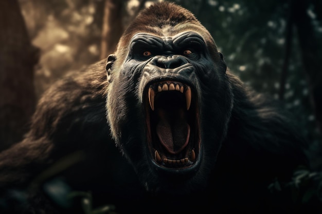 Portrait of screaming aggressive gorilla in jungle Front view wild big monkey with open mouth and fangs in forest Generative AI