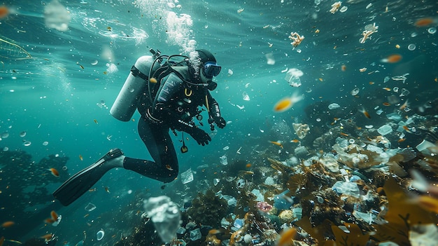 スキューバダイバーが海からプラスチックを除去している肖像画テキストまたは製品広告のための大きなスペースジェネレーティブAI