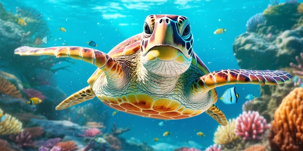 Portrait of a Sea Turtle Swimming in the Sea Generative AI