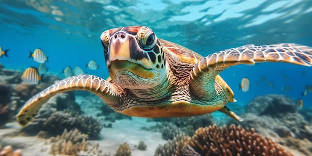 Portrait of a Sea Turtle Swimming in the Sea Generative AI