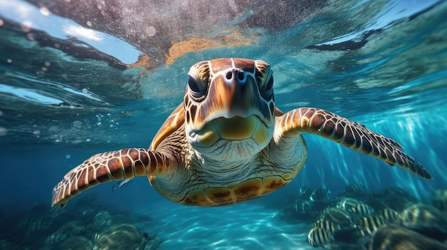 Portrait of a sea turtle swimming underwater in the ocean Generative AI