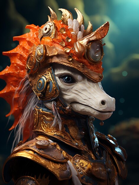 Portrait of seahorse pirate sea steed costume seashell helmet trident sc fashion design costume art