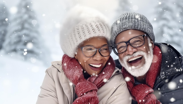 Portrait selfie of two happy people together in winter forest