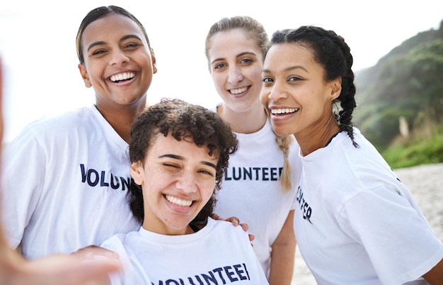 Photo portrait selfie and volunteer women at beach taking pictures for earth day environmental sustainability or recycling charity community service and group smile of happy girls or friends laughing