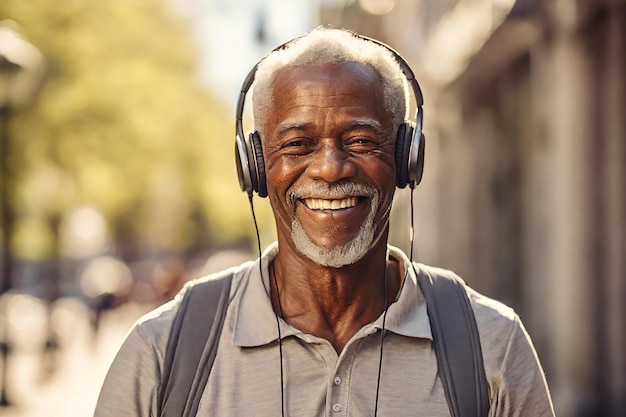 市内でヘッドフォンで音楽を聴いているアフリカ系アメリカ人の男性の肖像画