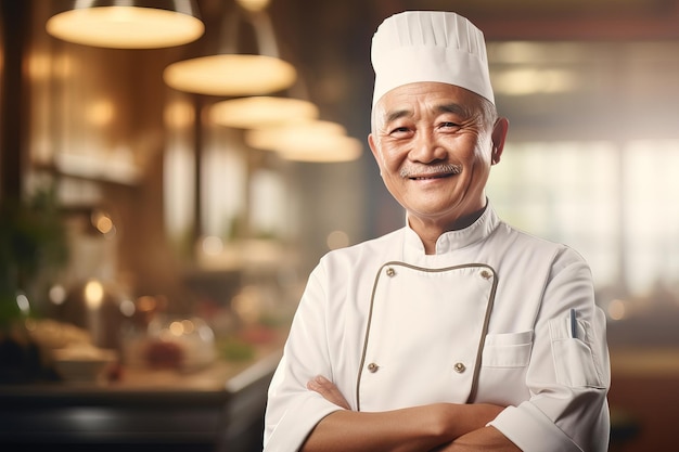 Portrait of senior Asian Chef in kitchen