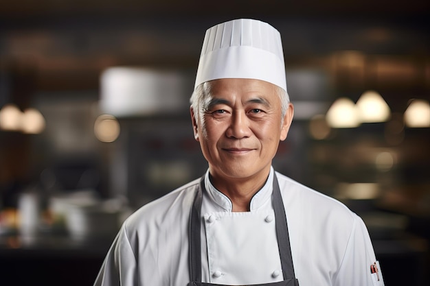 Portrait of senior Asian Chef in kitchen