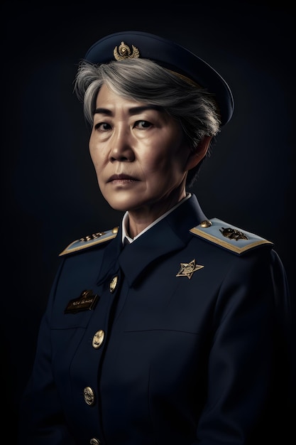 Portrait of a senior asian military woman in uniform on black background