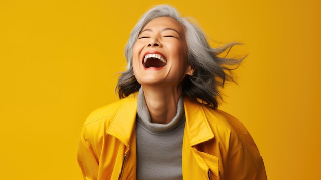 Portrait senior asian woman with gray hair laughing against yellow background