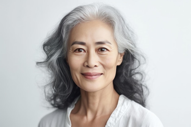 Portrait of Senior Asian Woman with Long Wavy Hair on Copy Space Skin Treatment and Cosmetology