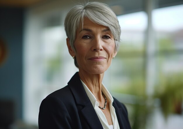 Portrait of a senior business woman standing in an office smile Self confidence full body