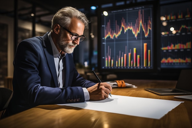 Portrait of senior businessman working in office at night Financial graph on the background