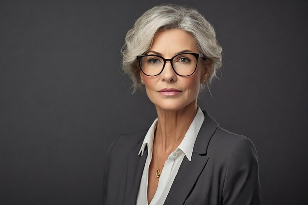 Portrait of a senior businesswoman wearing eyeglasses on grey background