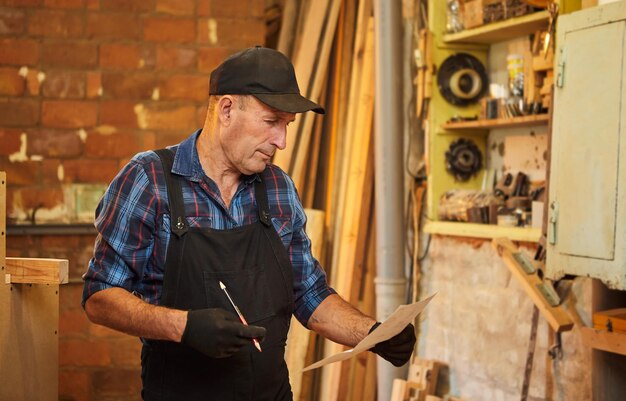 Portrait of a senior carpenter looking at blueprints plans to make a piece of furniture in the carpentry workshop