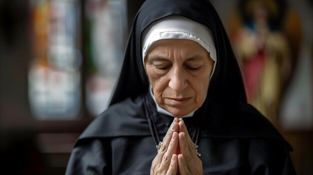 Portrait of a senior caucasian nun in black habit praying in the church