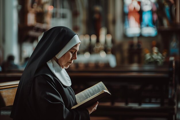 Portrait of Senior Caucasian nun reading bible book in the church