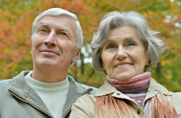 秋の公園で年配のカップルの肖像画