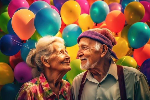 Портрет пожилой пары, смотрящей друг на друга, стоя перед разноцветными воздушными шарами Генеративный ИИ