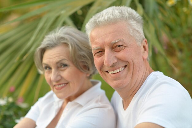 Portrait of a senior couple relaxing near  hotel resort