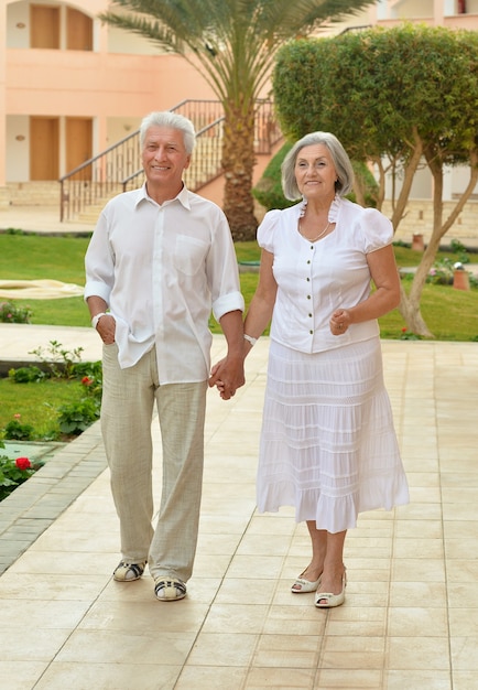 Portrait of a senior couple relaxing near  hotel resort