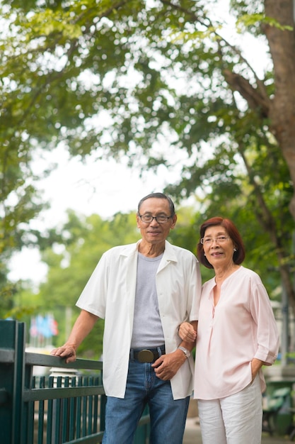 樹木の反対側のレールに立っている上級夫婦の肖像画