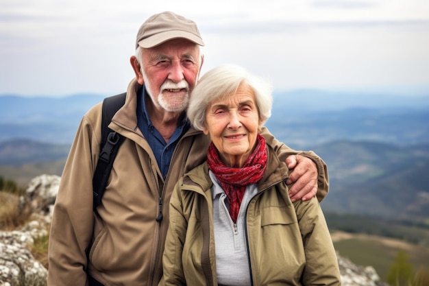 Portrait of a senior couple standing together on a mountain trail created with generative ai