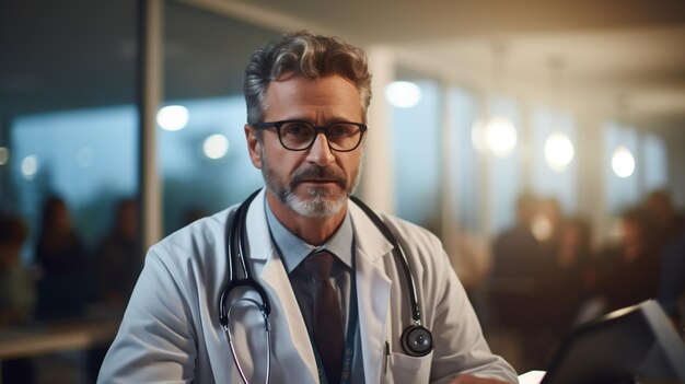 Photo portrait of senior doctor sitting in conference room